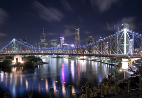 небоскребы, Мост, дома, ночной город, река, огни