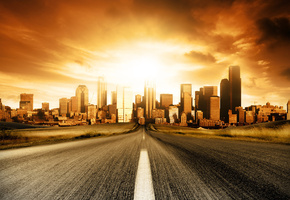 город, закат, скорость, Дорога