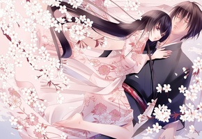 Аниме, двое, весна, сакура, цветы, настроение, любовь