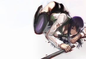 лежит, highschool of the dead, Saeko busujima, кровь, меч
