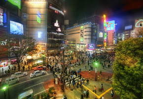 япония, дорога, огни, город, ночь, люди, Токио, машины