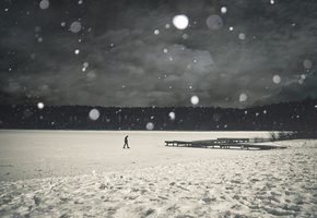 снег, зима, Черное, лед, пирс, белое, настроение, холод