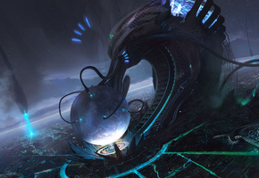 механизм, Арт, sergey lesiuk, сфера, планета, ночь, существо