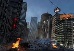 пришельцы, Летающая тарелка, огонь, вывески, город