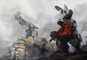 девушка, дым, город, Меха, кролик, тигр, робот, механизм