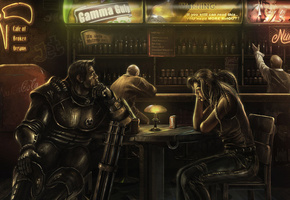 женщина, бар, cafe of broken dreams, Fallout, миниган, арт, мужчина