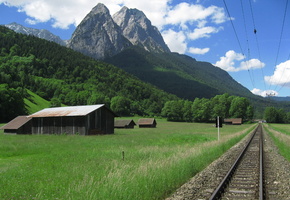 долина, Железная, провода, небо, дорога, горы, рельсы