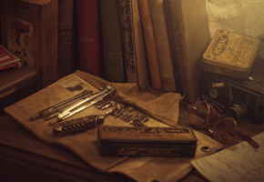 Стол, цвета, предметы, ретро, старина, готовальня