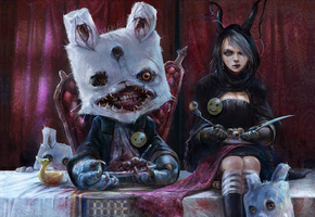 нож, Девочка, глаза, вилка, кролик, обед, монстр, стол