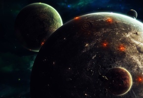 взрывы, вспышки, звездолеты, астероиды, Планеты, луны