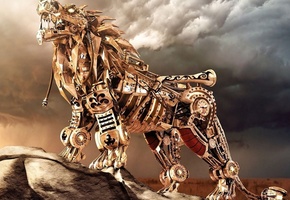 гора, лев, Фентези, металл, облака