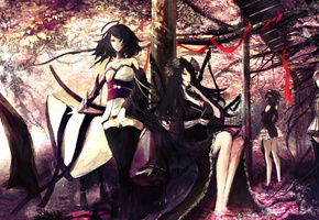 девушки, Сакура, красная лента