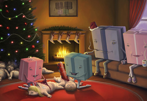 rob sheridan, Семья, подарки, упаковка, камин, ёлка, новый год