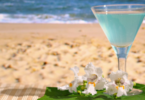 Напиток, песок, море, пляж, стакан