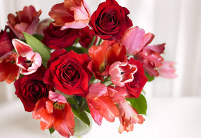 букет, ваза, тюльпаны, Розы, аромат