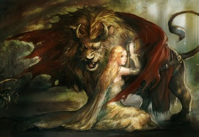 Монстр, рисунок, рога, плащ, лев, лес, девушка