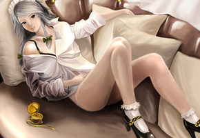 туфли, рубашка, лежит, диван, часы, девушка, Touhou
