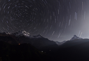 ночь, гималаи, непал, Звезды, выдержка, аннапурна