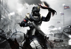 боец, Homefront, gamewallpapers, автомат, флаг