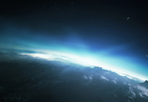 Восход, звезды, солнце, свет, горы, облака, небо, планета