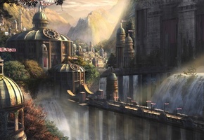 башня, замок, водопад, дворец, Пейзаж, город, мост