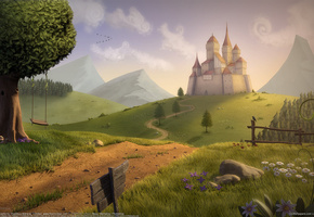 качели, way to the castle, Thaddeus maharaj, поля, холмы, замок, дерево