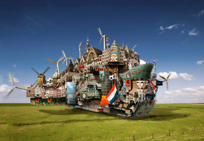 Поле, ветрянные мельницы, город, корабль