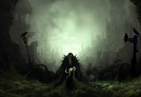 дым, вороны, Колдун, туман