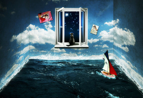 стены, кот, яхта, море, Комната, облака, вода, окно, небо