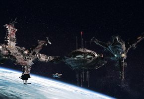 станции, Корабли, планета, пространство, звёзды