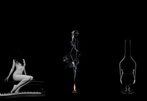 дым, рояль, свеча, девушка, фон, бокал, огонь, Черный