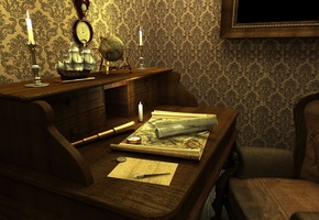 комната путешественника, Voyage map, vintage letters, свечи, стол