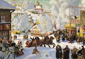 Кустодиев, настроение, праздник, картина, тройка