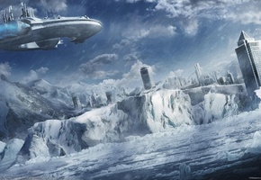 город, igor staritsin, Арт, зима, море, корабль, горы, снег