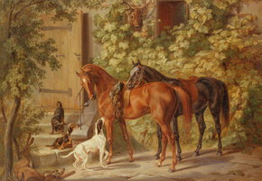 добычя, собаки, лошади, после охоты, Картина
