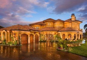 фонари, вечер, особняк, дизайн, Дом