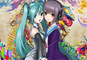 Vocaloid, наушники, snyp art, nagato yuki, девушки, узор, hatsune miku