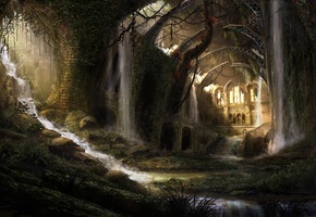 вода, водопад, цветы, Руины, заросли