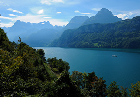 корабль, , Горы, небо, природа, озеро, швейцария, облака