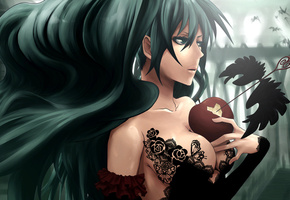 стрела, волосы, кружева, грудь, девушка, яблоко, Аниме