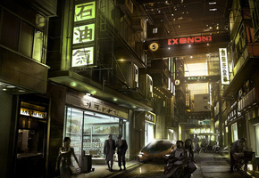 улочка, япония, жители, Deus ex human revolution, город, дома