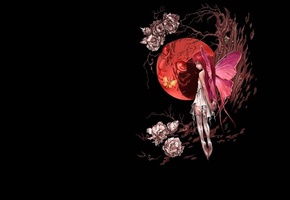 фея, Девушка, луна, цветок, месяц, крылья, дерево