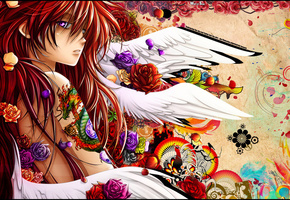 Аниме, краски, тату, дракон, цветы