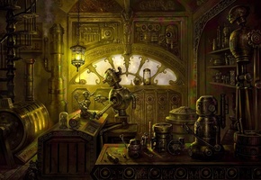 робот, лампа, Steampunk, запчасти, стол, мастерская, печь