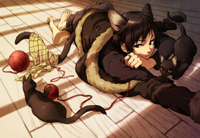 игра, клубок, Неко, кошки, хвостик