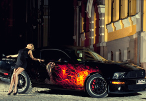 девушка, ночь, Ford, авто, mustang