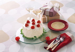 вилки, подарок, лента, Торт, тортик, клубника, бокалы