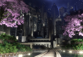 огни, digital, Gotham garden, цветущие деревья, город, ночь, spring