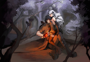 магия, парень, девушка, ночь, Лес