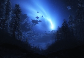 звезды, лес, ночное небо, Ночь, сияние